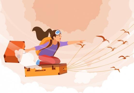 dream background flying girl suitcases birds cartoon design