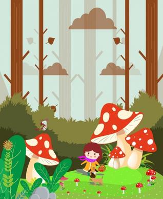 dream background girl giant mushroom icons multicolored cartoon