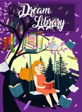 dream library banner woman tree flying books decoration