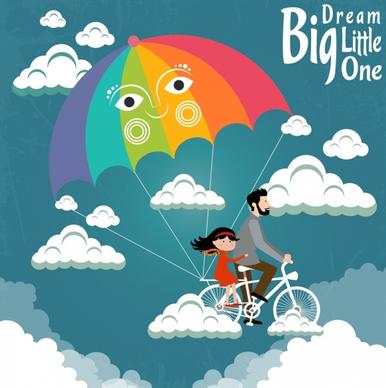 dreaming background fatherhood icon bicycle parachute clouds decoration