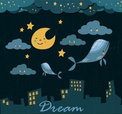 dreaming background flying whales stylized cloud moon icons