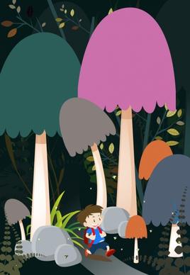 dreaming background huge mushroom cute boy icons