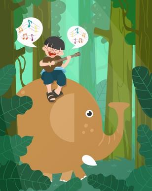 dreaming background joyful boy riding elephant colored cartoon