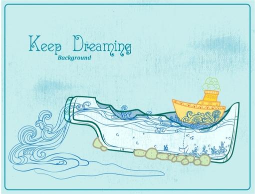 dreaming background ship overflowing bottle retro handdrawn decor