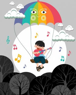 dreaming background singing kid colorful umbrella icons design