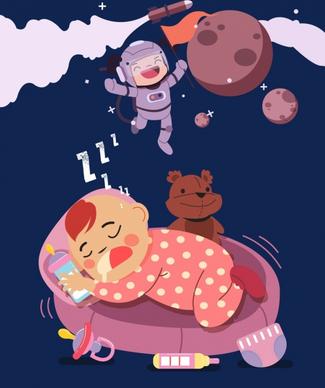 dreaming background sleeping child astronaut icons cartoon design
