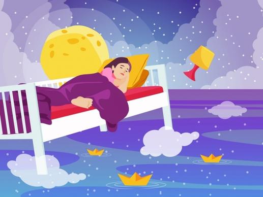 dreaming background sleeping girl sea ships cloud icons