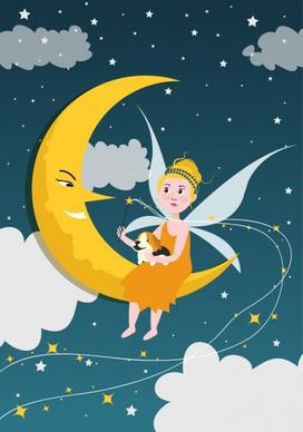dreaming background stylized crescent fairy icons colored cartoon