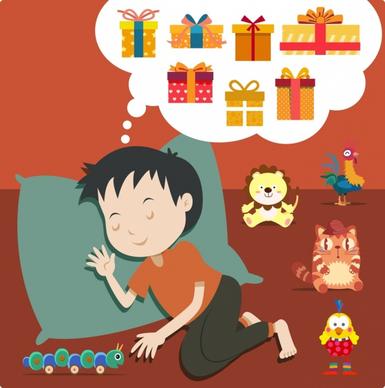 dreaming drawing sleeping kids toys present boxes icons