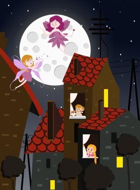dreaming painting kids fairy moonlight icons cartoon characters