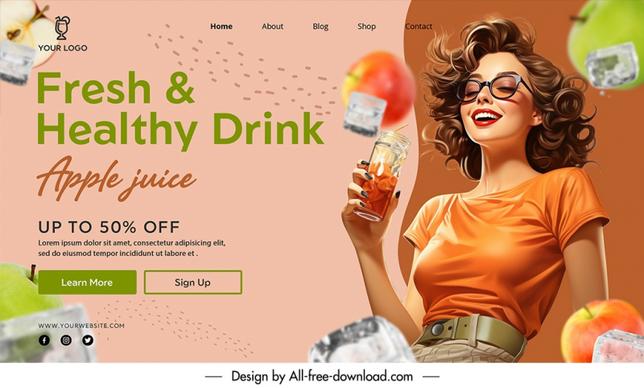 drink apple juice landing page template dynamic ice excited lady