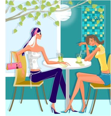 lifestyle background relaxed girls bar icons cartoon design