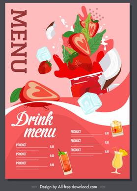drink menu template splashing dynamic design strawberry sketch