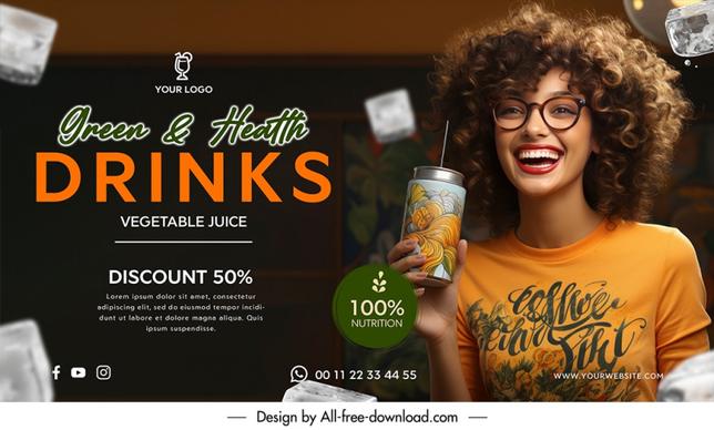 drink vegetable juice banner template dynamic excited lady