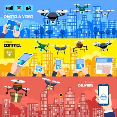 drones promotion banners illustration with application concepts