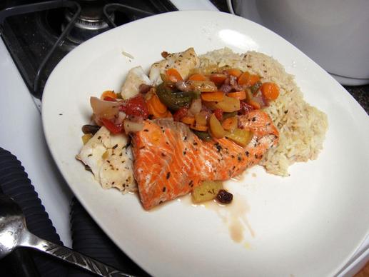 dsc00cod amp salmon en papillote w homemade dill pickled baby carrots amp summer fruit compote peach strawberry pineapple watermelon jalapeno amp raisins rice pilaf899