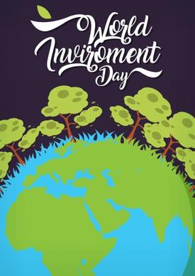earth day banner green grass globe trees icons