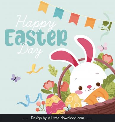 easter day poster template cute cartoon rabbit eggs flowers decor