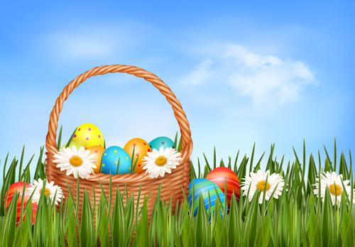 easter eggs and basket vector