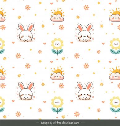 easter seamless pattern flat handdrawn cute rabbits flowers sun repeating