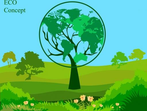 eco banner green trees decoration globe icon