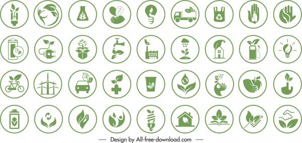 eco signs templates collection flat green symbols sketch
