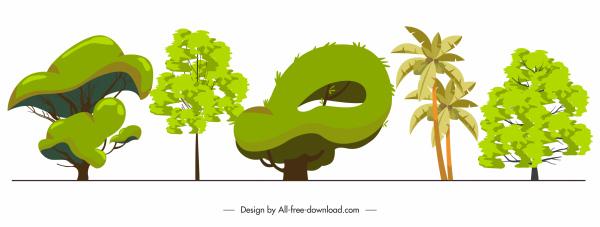 ecological trees icons green handdrawn design
