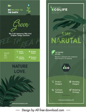ecology banners dark green leaves decor vertical shapes