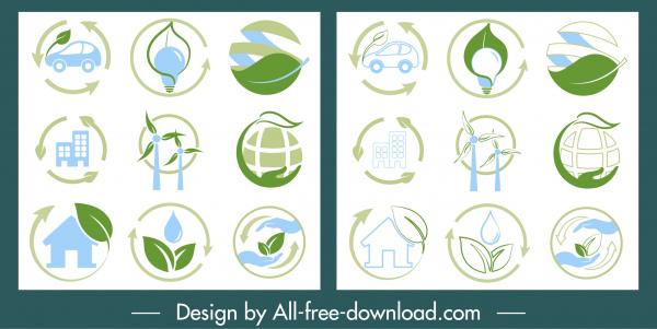 ecology icons collection colored flat symbols sketch
