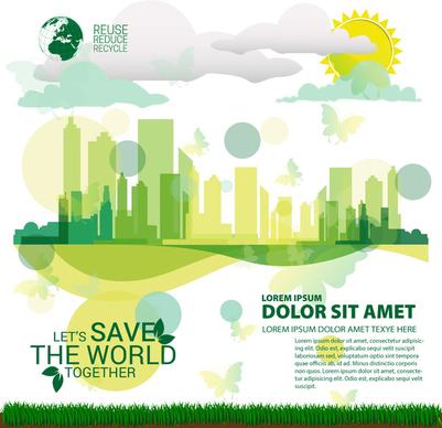ecology saving banner design with cityscape vignette style