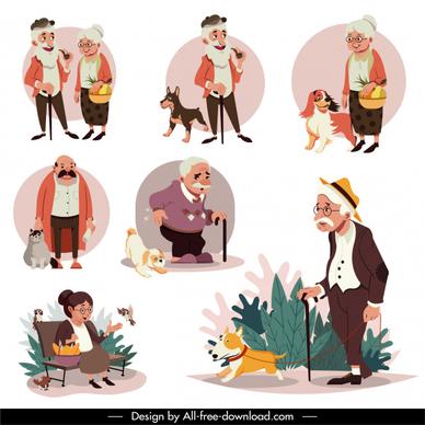 elderly icons colored cartoon characters sketch