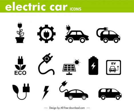 electric car premium icons flat black symbols