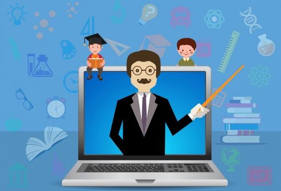 electronic teaching concept background laptop teacher pupil icons