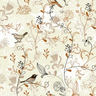 elegant hand drawn birds with flower vector pattern