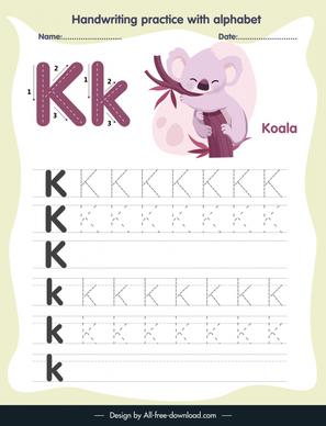 elementary school education handwriting practice template alphabet letter tracing k cute koala sketch