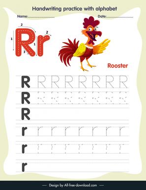 elementary school education handwriting practice template alphabet letter tracing r funny rooster sketch