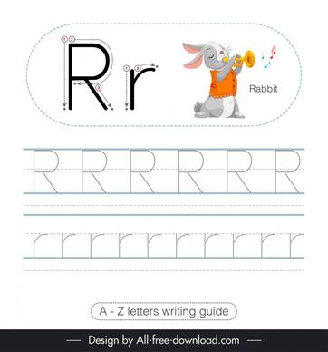 elementary school writing guide worksheet template rabbit playing horn sketch tracing letters r outline