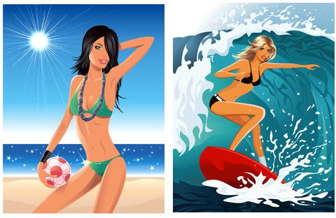 elements of beach is beautiful girl vector