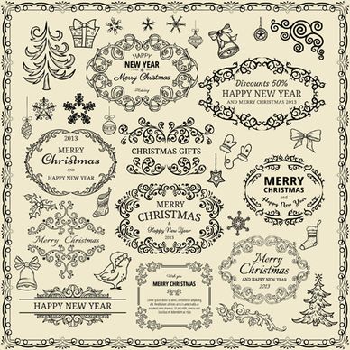 elements of christmas vintage frames and ornaments vector