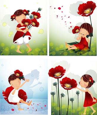 elements of girl with red flower master vector