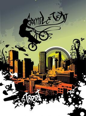 bicycling performance banner modern city sketch grunge silhouette decor