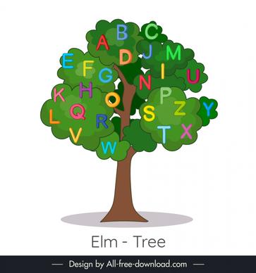 elm alphabet tree icon flat handdrawn outline  colorful texts decor 