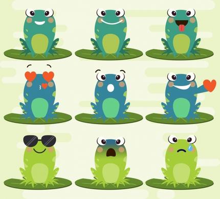 emoticon collection cute green frogs icons cartoon design