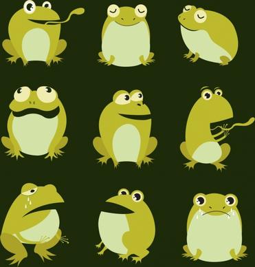 emoticon collection green frogs icons cartoon design