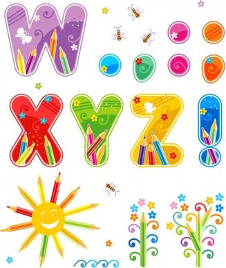 alphabet decor elements colorful cute nature education symbols sketch