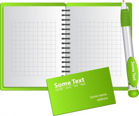 stationery background notebook pen card icons green decor