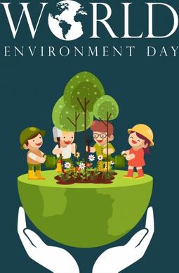 environment day banner children planting trees globe icons