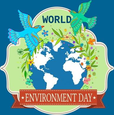 environment day banner pigeon globe icons flowers decor