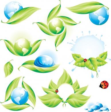 ecology design elements globe leaves ladybug droplets icons