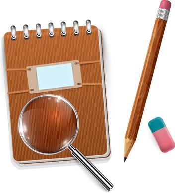 eraser pecil notebook magnifying glass